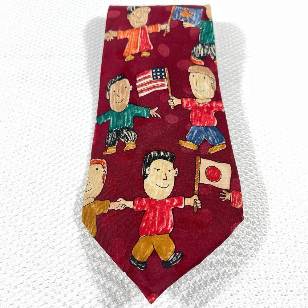 Renaissance‎ Handmade Silk Tie Burgundy Red Children Around the World Novelty